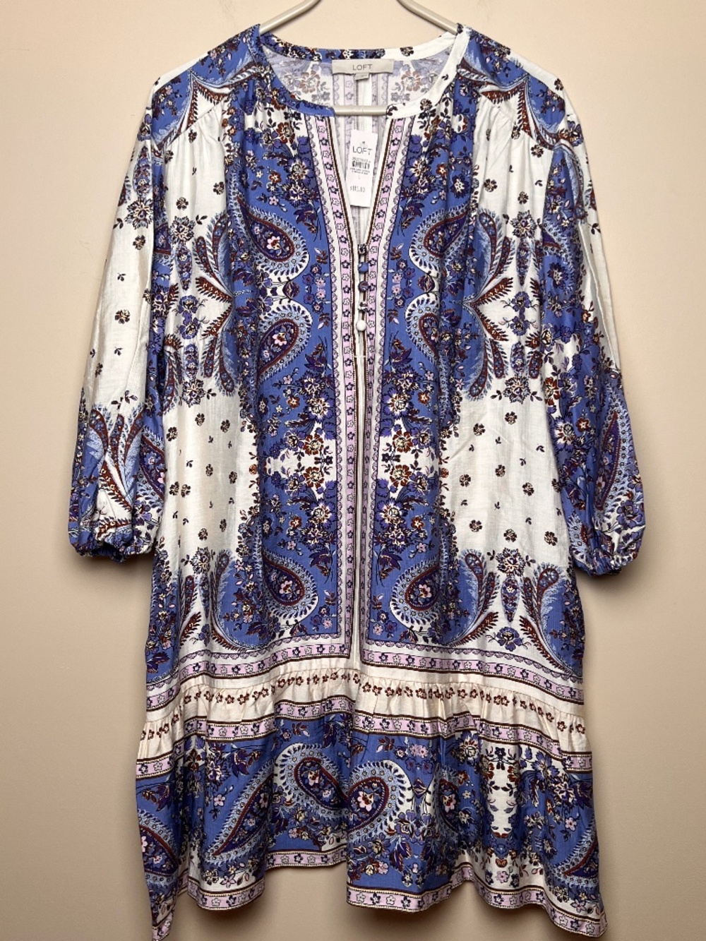 LOFT Floral Dress Paisley Floral Print Casual Boho Summer 3/4 Sleeve Size Large